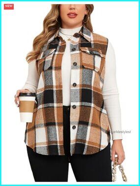 Plus Size Plaid Long Vest Button Down Sleeveless Shacket Coat